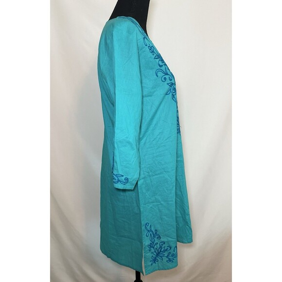 Chances R Blue Embroidered‎ 3/4 Sleeve Cotton Tunic Blouse Resort Wear Women's - Picture 5 of 15